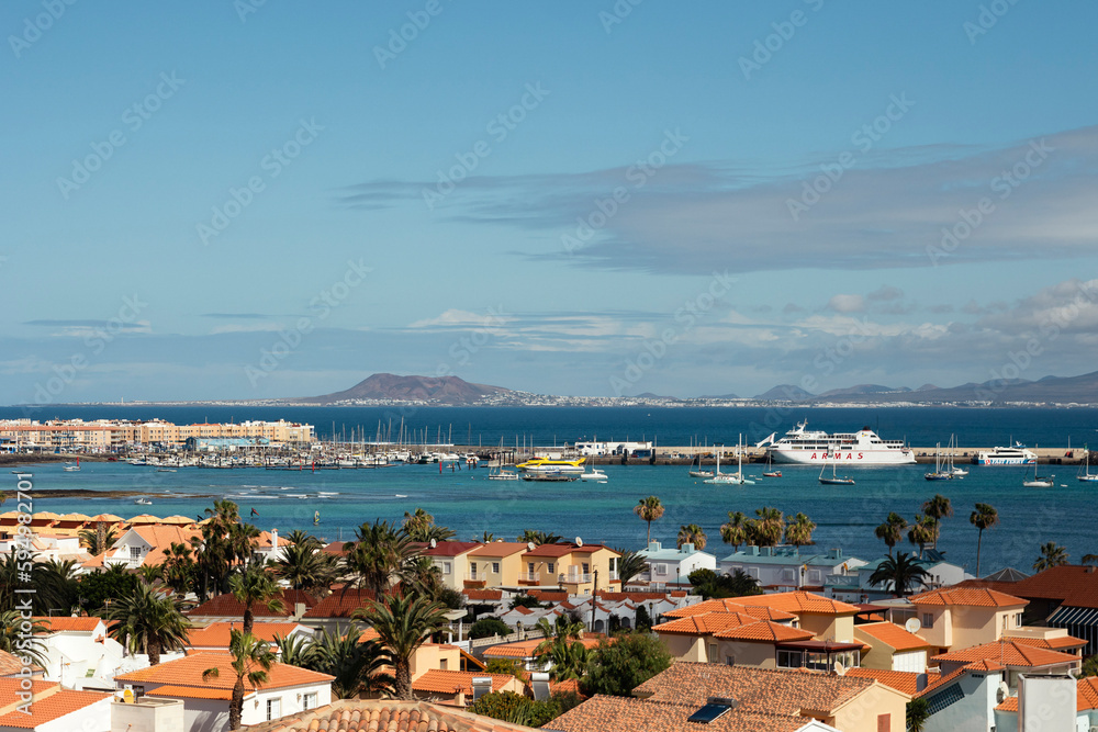 Overview of Corralejo town and harbour Corralejo Fuerteventura