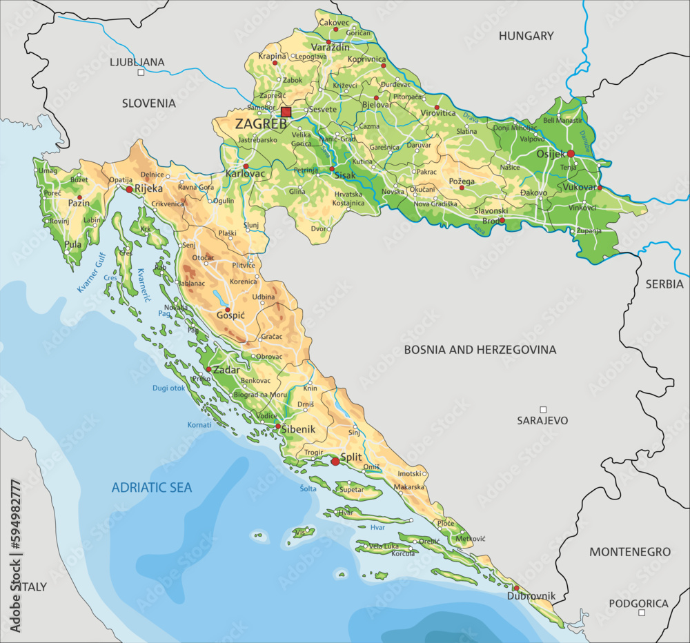 High detailed Croatia physical map with labeling. - obrazy, fototapety, plakaty 
