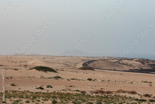 Calima Dust storm over the Corralejo National Park sand dunes Corralejo Fuerteventura