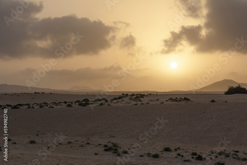 Calima Dust storm over the Corralejo National Park sand dunes Corralejo Fuerteventura