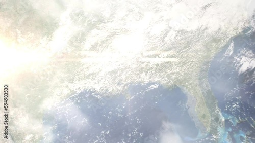 Earth zoom in from outer space to city. Zooming on Hattiesburg, Mississippi, USA. The animation continues by zoom out through clouds and atmosphere into space. Images from NASA