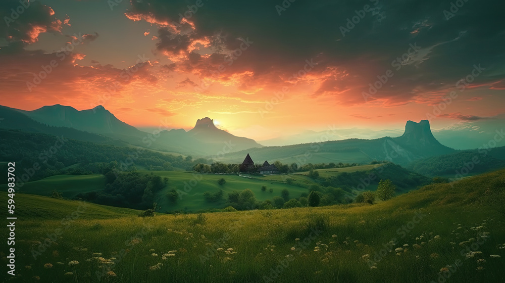 Fototapeta premium Sunset in the mountains with a church and flowers. Generative AI