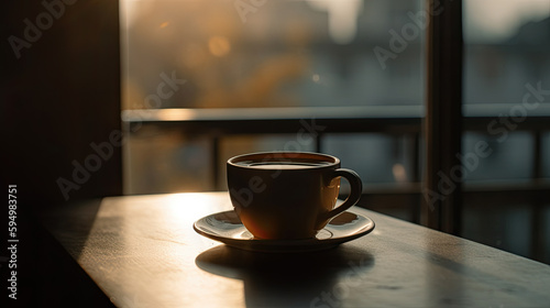 Cup of coffee sits on a table in front of a window. Generative AI