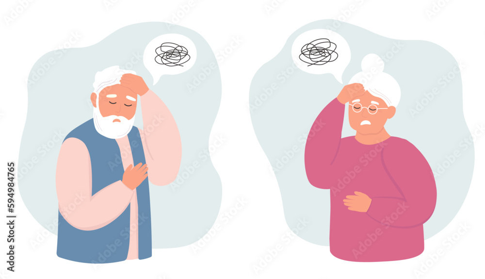An elderly man and women suffers from migraine, confusion, memory loss, dementia. Mental age-related diseases. Vector flat graphics. - obrazy, fototapety, plakaty 