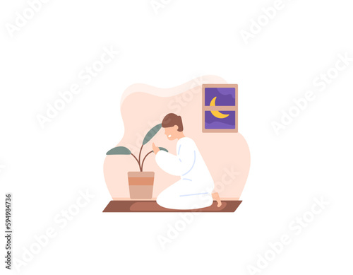 a Muslim man who is sitting and praying. pray after worship. character illustration concept design. vector elements