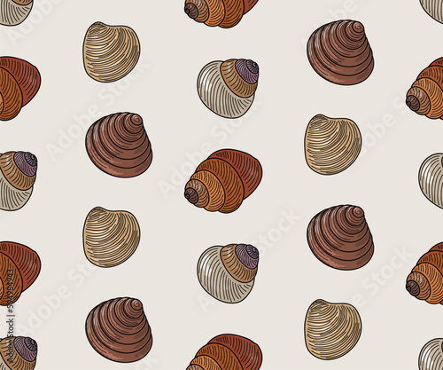 Seamless pattern of sea shells on a beige background.