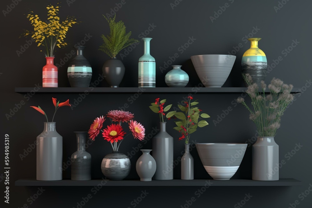 a shelf with vases and flowers on it in a room with a gray wall and a ...
