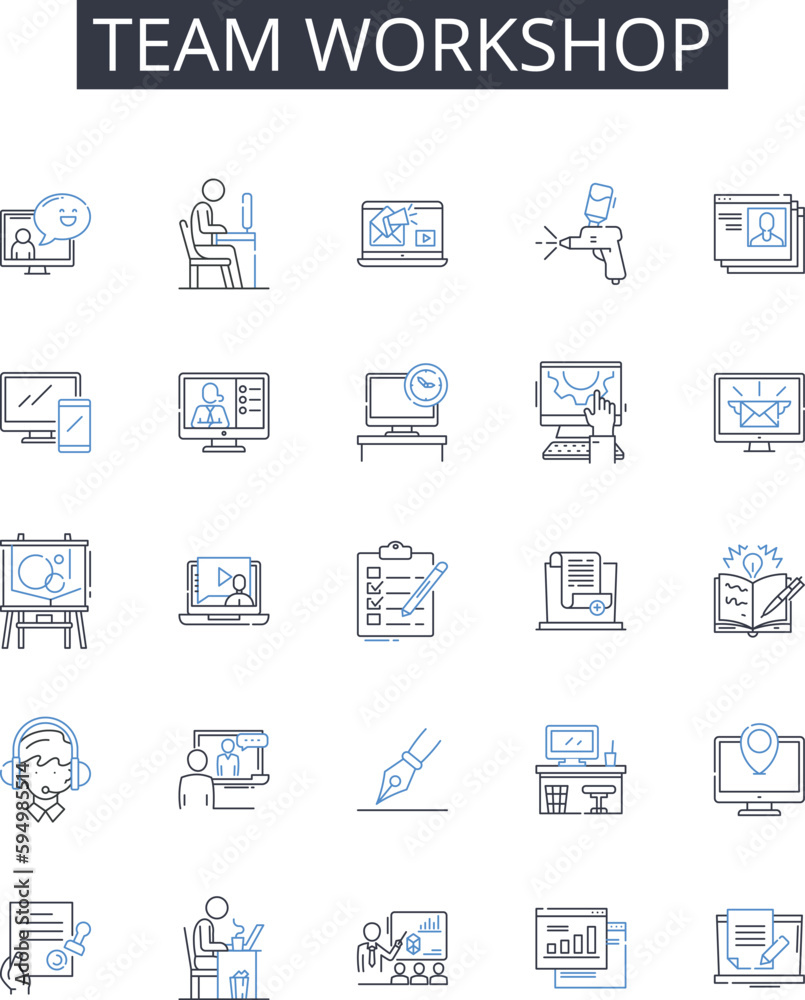 Team workshop line icons collection. Group brainstorm, Joint venture, Collective effort, Mutual collaboration, Partner meeting, Coordinated action, Collaborative session vector and linear illustration Team workshop line icons collection. Group brainstorm, Joint venture, Collective effort, Mutual collaboration, Partner meeting, Coordinated action, Collaborative session vector and linear illustration