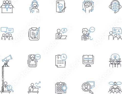 Analyzing and explanations line icons collection. Interpretation, Clarification, Illustration, Rationalization, Demonstration, Elucidation, Justification vector and linear illustration. Validation