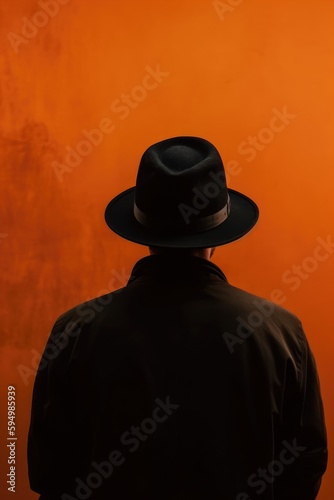 Man in black clothes with a black hat standing against an orange wall