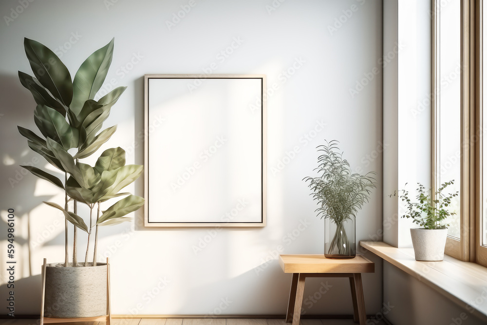 White empty frame mockup with green plants on empty white neutral wall background. Generative AI. White empty frame mockup with green plants on empty white neutral wall background. Generative AI.