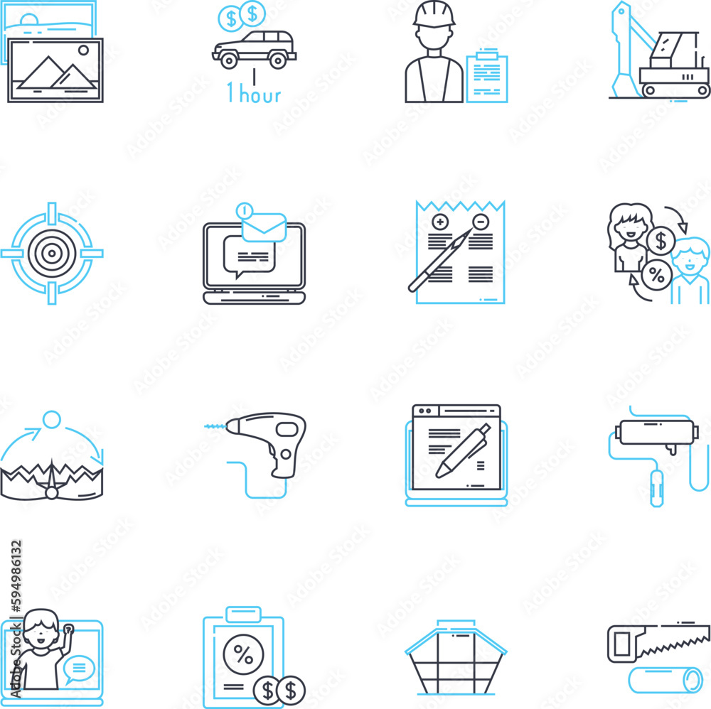 Digital workforce linear icons set. Automation, Robotics, Virtuality, Collaboration, Efficiency, Productivity, Innovation line vector and concept signs. Integration,Adaptability,Interconnectivity
