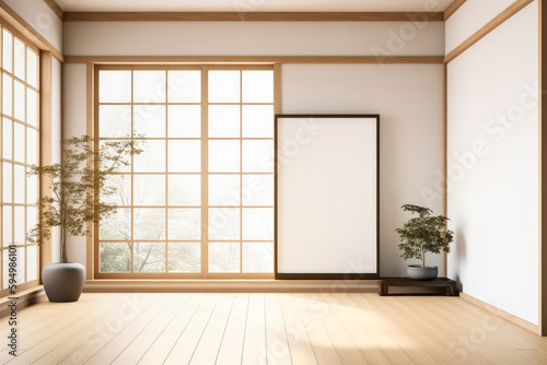 Rectangular vertical frame mockup in Japanese room style interior. Generative AI.