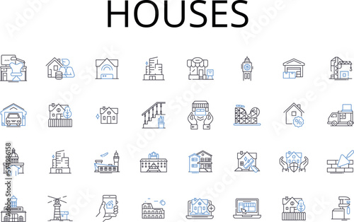 Houses line icons collection. Residences, Dwellings, Abodes, Homesteads, Shelters, Lodgings, Quarters vector and linear illustration. Roofs,Habitats,Tenements outline signs set