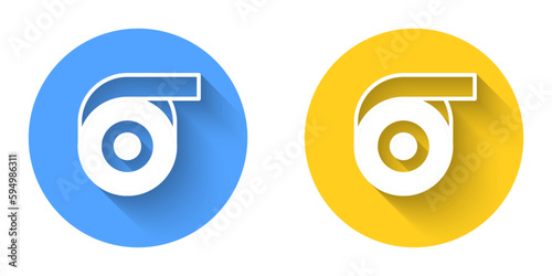 White Scotch tape icon isolated with long shadow background. Roll adhesive tape. Insulating tape. Circle button. Vector