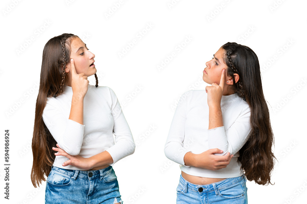Friends girls holding gift and a birthday cake over isolated chroma key background thinking an idea while scratching head