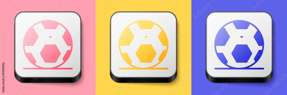 Isometric Soccer football ball icon isolated on pink, yellow and blue background. Sport equipment. Square button. Vector Isometric Soccer football ball icon isolated on pink, yellow and blue background. Sport equipment. Square button. Vector