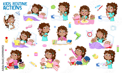 Learning concept - Daily routine of a little black girl with curly dark hair - Set of thirteen cute educational illustrations - Isolated - White background	

