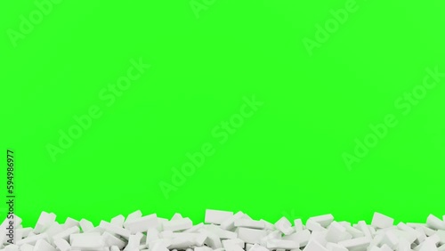 3d simulation animation of white rockfall falling with green screen opening