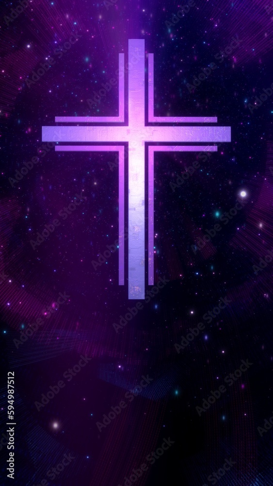 Futuristic Christian cross in ethereal vertical purple cyberspace loop. Concept 3d animation of Roman Catholic scifi crucifix as religious sign of a modern spirituality and faith in the digital world Futuristic Christian cross in ethereal vertical purple cyberspace loop. Concept 3d animation of Roman Catholic scifi crucifix as religious sign of a modern spirituality and faith in the digital world