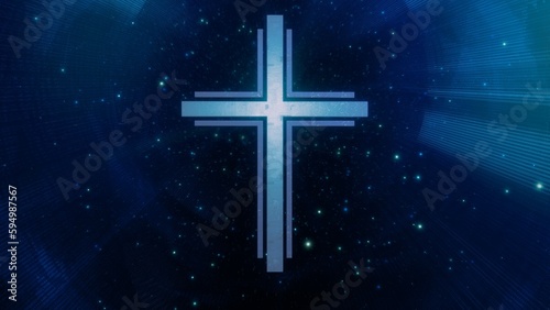Futuristic Christian cross in ethereal sparkling blue cyberspace loop. Concept 3d animation of Roman Catholic scifi crucifix as religious sign of a modern spirituality and faith in the digital world