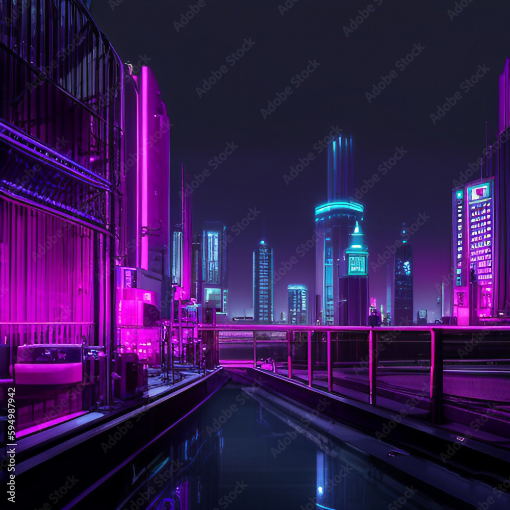 Fototapeta premium Cyber Neon City River at Night