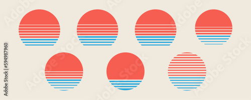 Obraz na płótnie Sunset collection. Set of retro graphics with sun dipped in sea. 80s collection of vector sunsets. Elements for 80's and 90's posters, illustrations and web designs. w salonie