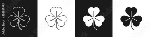 Set Clover icon isolated on black and white background. Happy Saint Patrick day. Vector