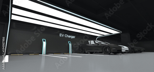 EV Charging station. electric vehicle charging lot 3d illustration.