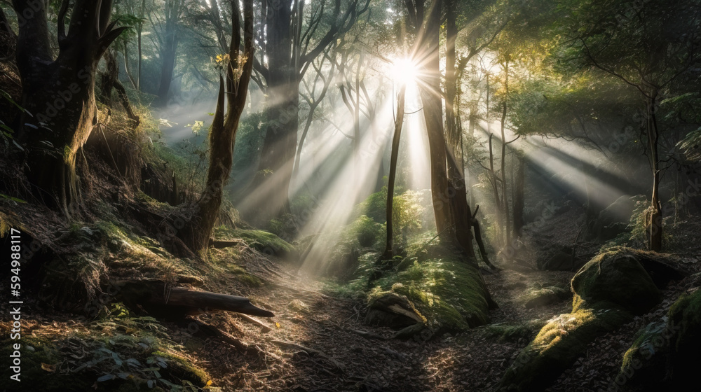 Sun rays emerging between trees in forest. Generative AI illustration
