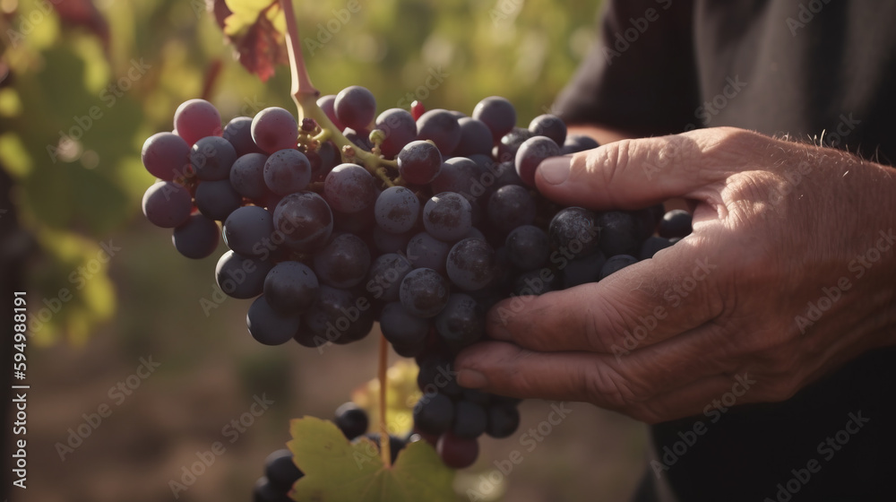 Farmer hands picking up grapes. Generative AI illustration