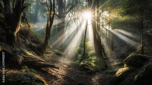 Sun rays emerging between trees in forest. Generative AI illustration © IBEX.Media