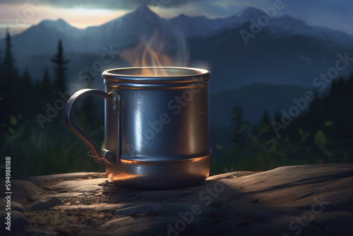 Tin cup of tea in nature. Generative A illustration