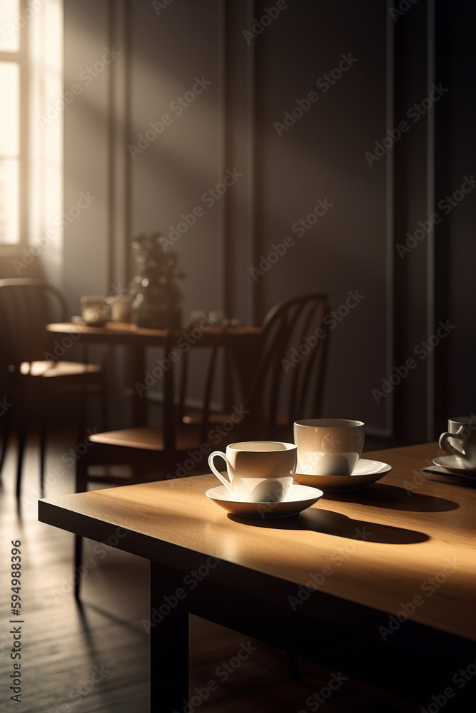 Fototapeta premium Coffee shop tables with orange walls, Generative AI illustration