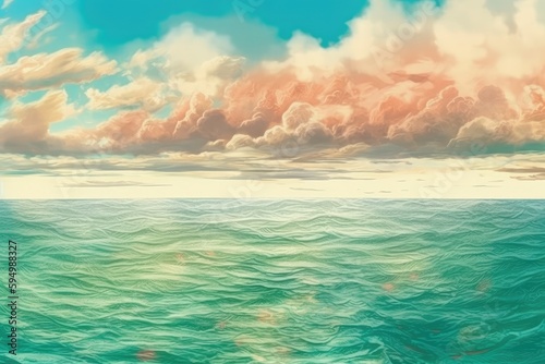 serene seascape with fluffy clouds in the sky. Generative AI