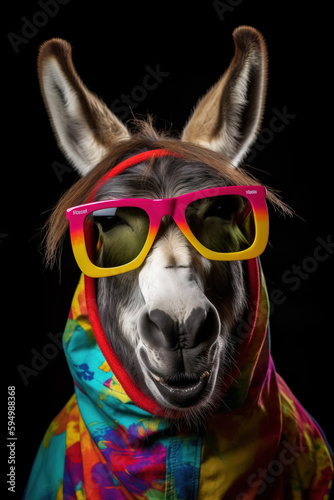 Cool donkey in colorful clothes, Generative AI illustration