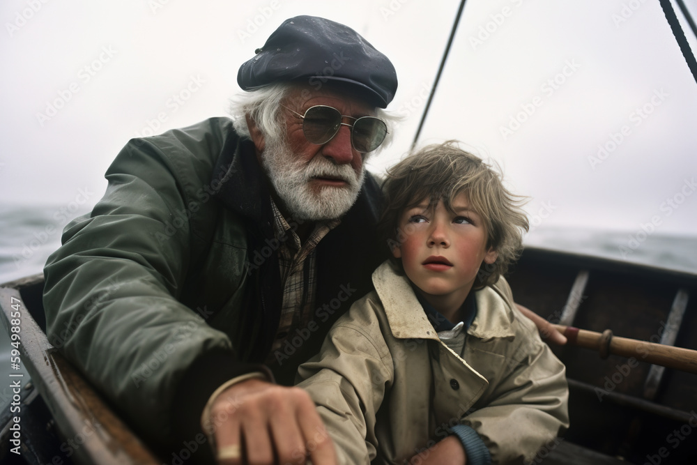 Grandparent and child on a boat at sea,  Generative AI illustration