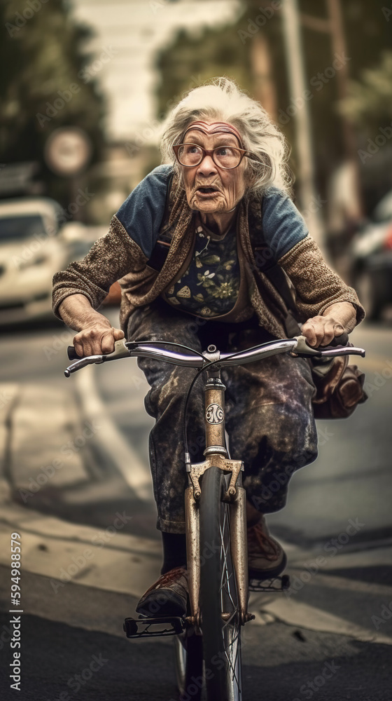 Crazy granny riding bmx bike on the street. Generative Ai illustration