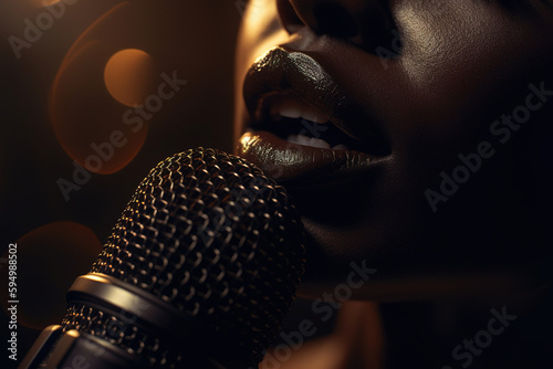 Black singer vocalist performing at show or karaoke, woman musician of African American ethnicity singing into microphone. Close-up of female sensual lips and mic. Generative AI
