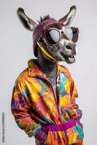 Studio shot of cool donkey in colorful clothes, Generative AI illustration