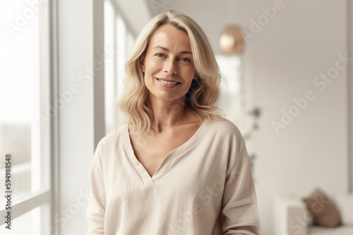 Portrait of confident Mature woman with blond hair and great smile in home  , Generative AI illustration