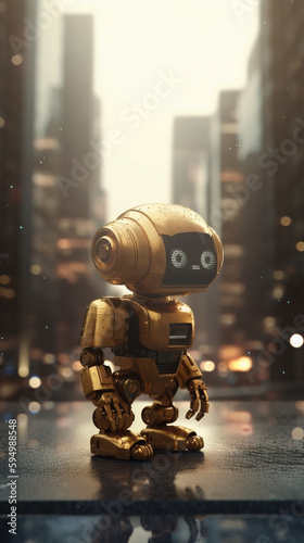 Cute small golden robot in front of city skyline. Generative AI illustration