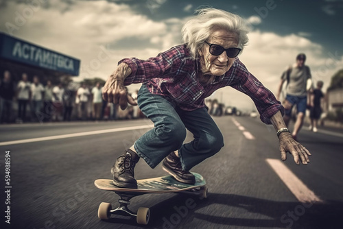 Fototapet Crazy granny riding skateboard on the street, Generative Ai illustration