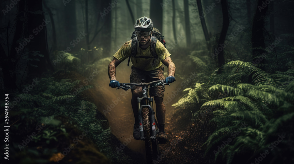 Cyclist covered in mud biking in the woods. Generative AI illustration