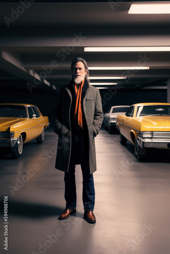 Stylish man in garage in front of his classic cars, Generative AI illustration © IBEX.Media