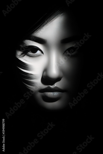 Minimalist black and white portrait of beautiful chinese woman. Generative AI illustration