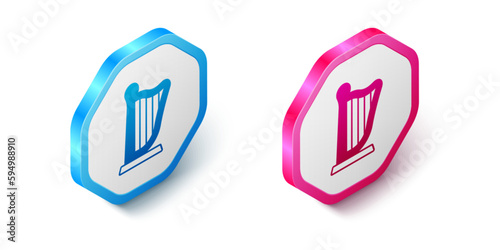 Isometric Harp icon isolated on white background. Classical music instrument, orhestra string acoustic element. Hexagon button. Vector