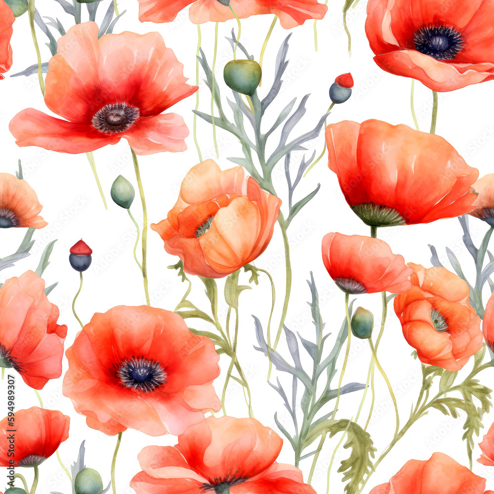 Obraz premium Seamless watercolor pattern with red poppies and leaves. Floral pattern for wallpaper or fabric. White background. Botanical tile. Generative AI