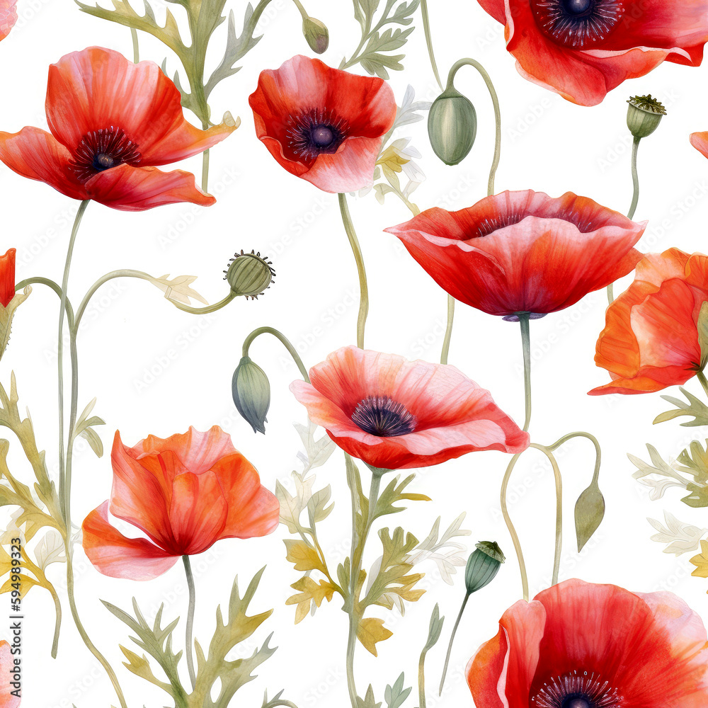 Obraz premium Seamless watercolor pattern with red poppies and leaves. Floral pattern for wallpaper or fabric. White background. Botanical tile. Generative AI
