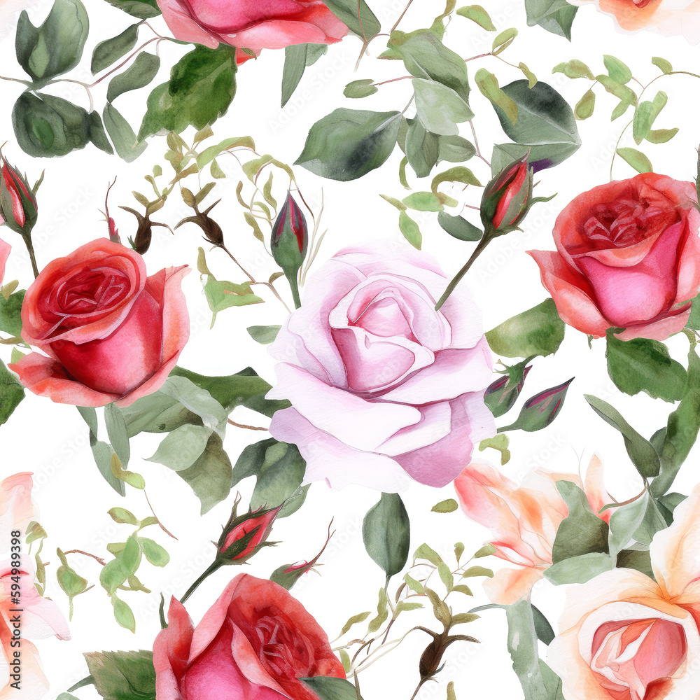 Seamless watercolor pattern with pink burgundy roses and leaves. Floral pattern for wallpaper or fabric. White background. Botanical tile. Generative AI
